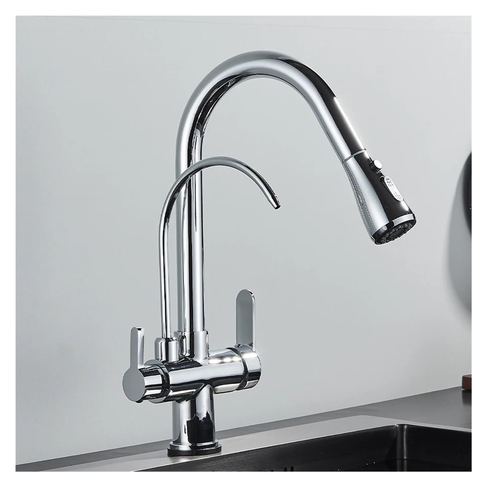 Grúa de filtración de agua purificada de cocina extraíble con boquilla pura negra de doble modo de agua(Chrome)