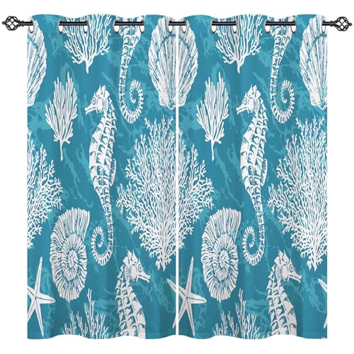 ANHOPE Seahorse Curtains Eyelet Blackout Thermal Insulated Curtains Ocean Sea Shell Stars...