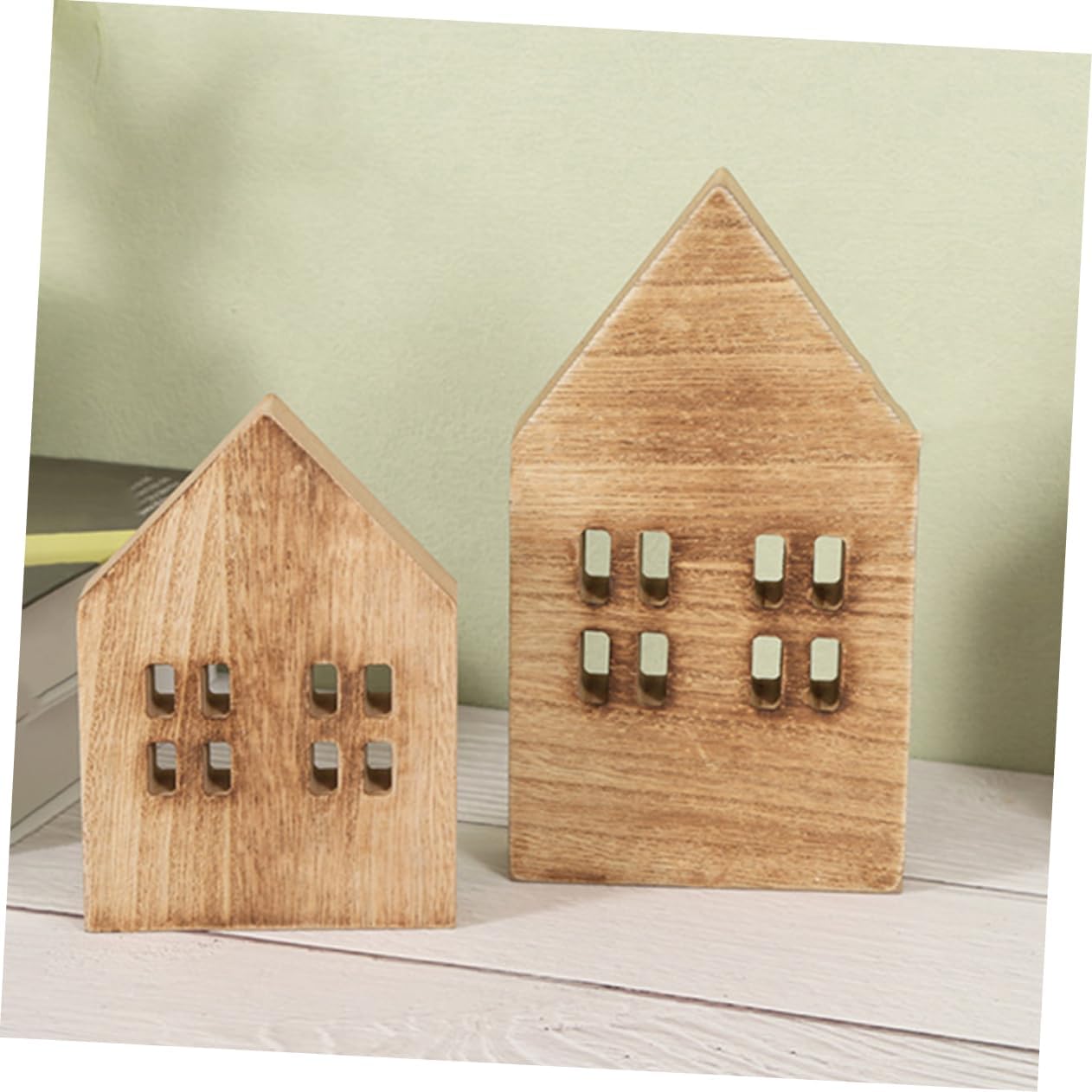 Kisangel 2pcs Wooden Mini House Decor Rustic Tabletop Ornament for Home and Christmas Decoration Vibrant Brown Wooden Craft for Desk and Shelf for Festive Atmosphere