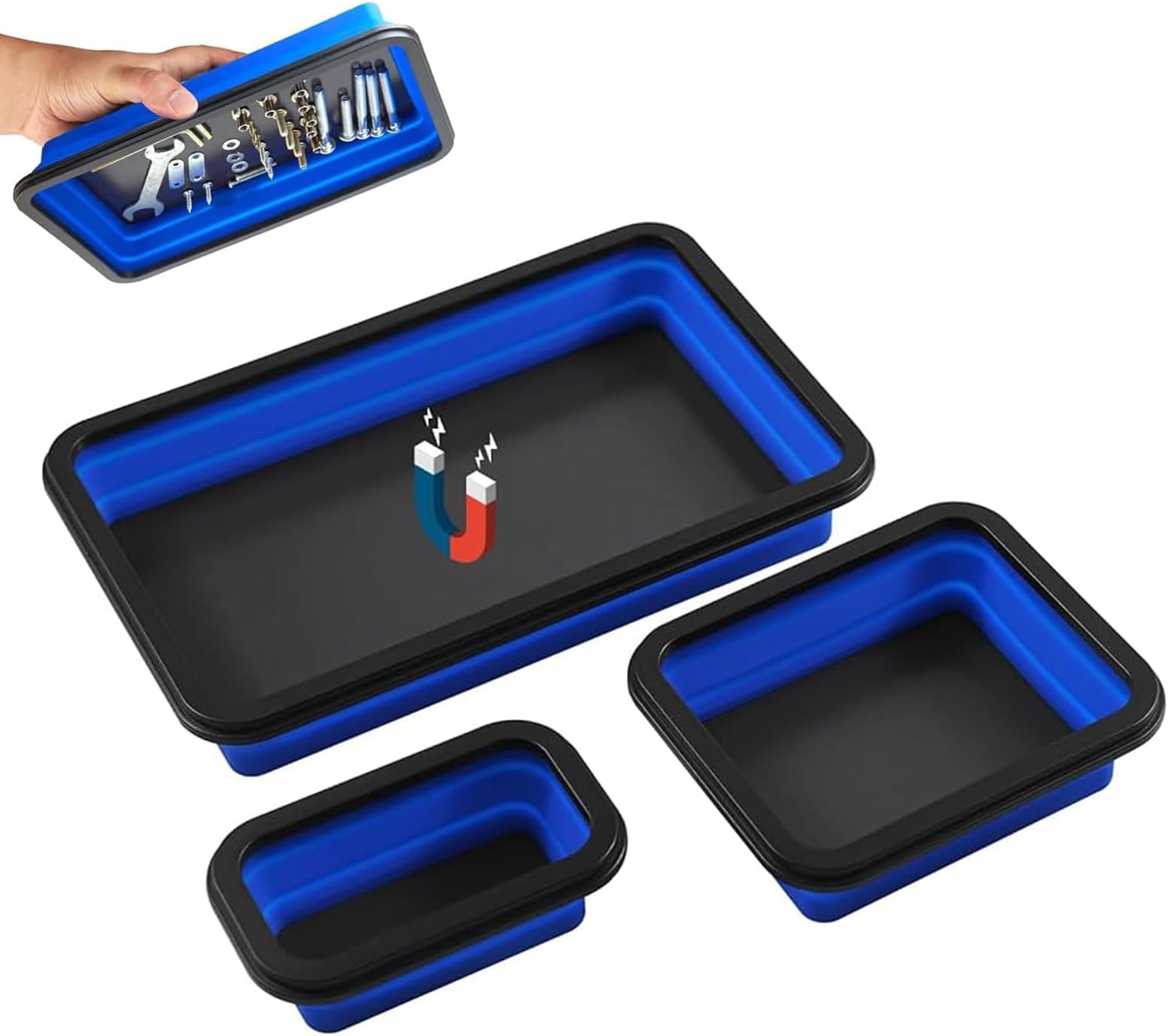 Tazweeq Foldable Magnetic Parts Tray Set of 3, Insulated Silicone, Thickened Rare Earth Magnetic Base, Magnetic Foldable Tray for Screws, Nuts, Bolts and Small Tools