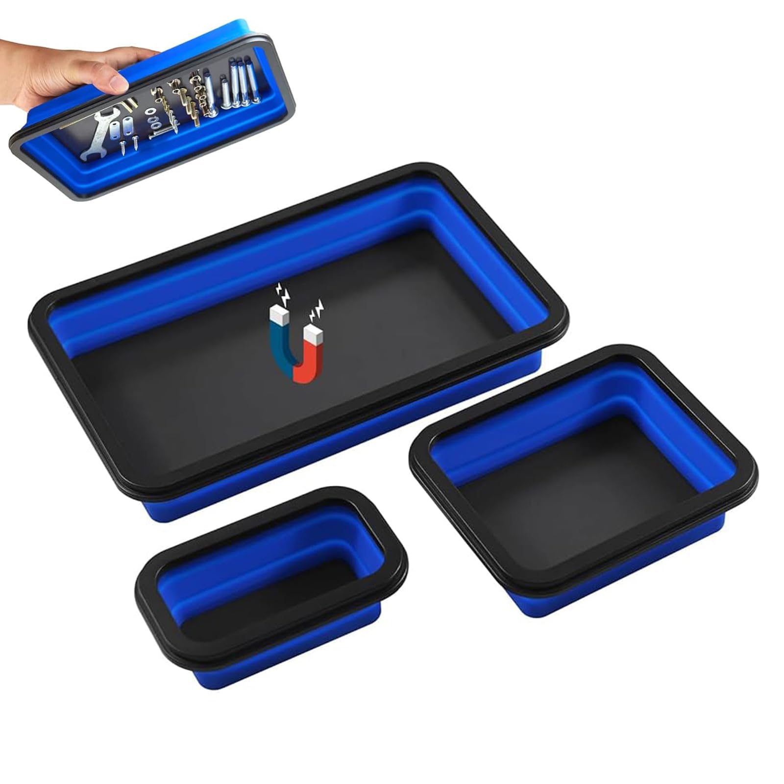 Tazweeq Foldable Magnetic Parts Tray Set of 3, Insulated Silicone, Thickened Rare Earth Magnetic Base, Magnetic Foldable Tray for Screws, Nuts, Bolts and Small Tools