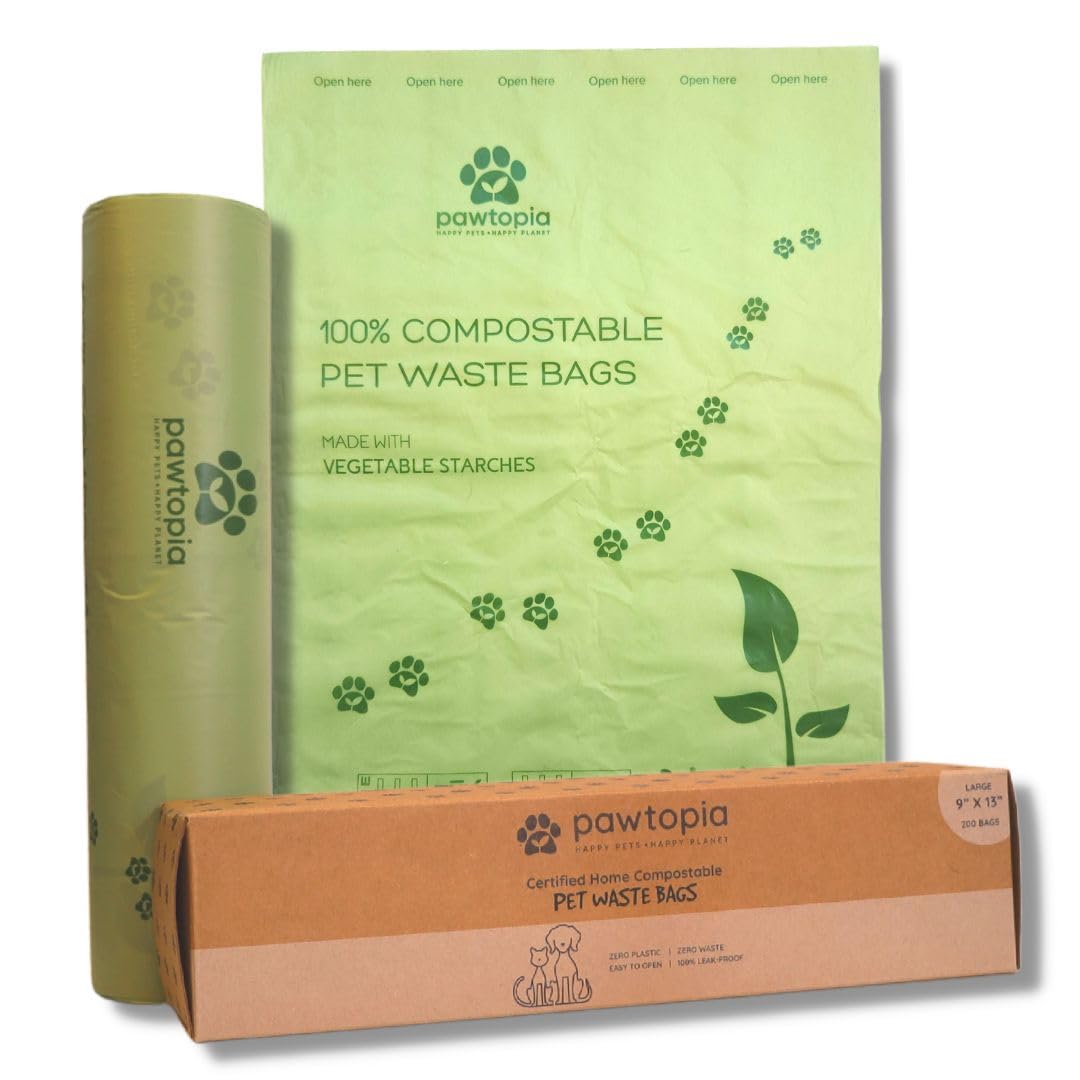 Pawtopia Certified Home Compostable Pet Waste Bags (Standard size, 200 Bags, Single Roll), Biodegradable Poop Bags, Vegetable Starches, Leak proof Dog Waste Bags, Grab and Go