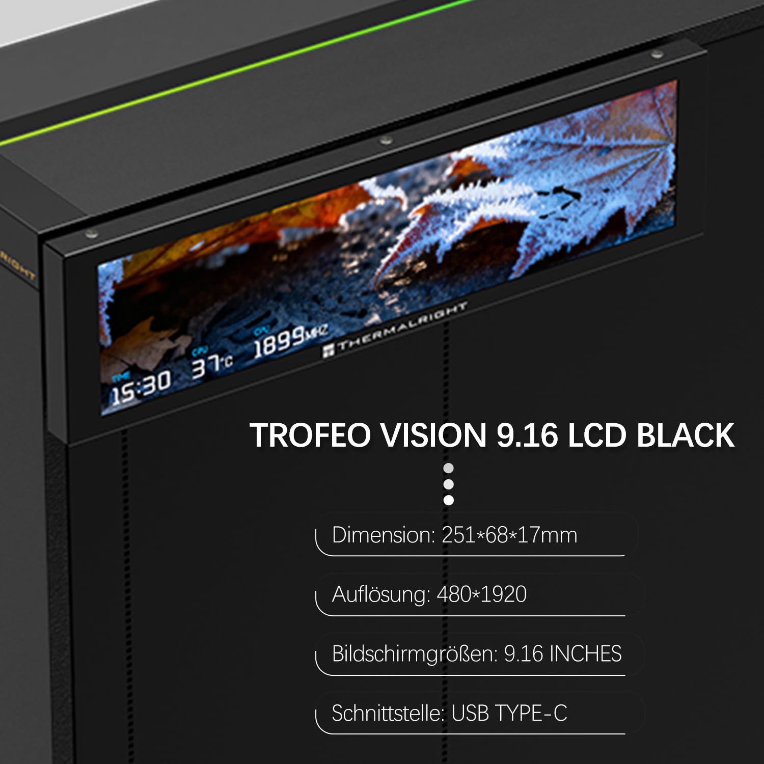 TR-Thermalright Trofeo Vision 9.16 LCD Noir Écran IPS 9,16’’ Résolution 1920x480-Peut être fixé au boîtier/Refroidisseur de CPU, Images/Vidéos dynamiques DIY, Noir