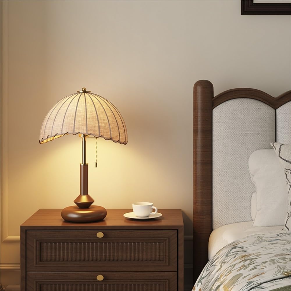 Lampada vintage in legno, lampada da lettura sul comodino | Base in legno massello, paralume in tessuto, retro francese, controllo a pulsanti, luce