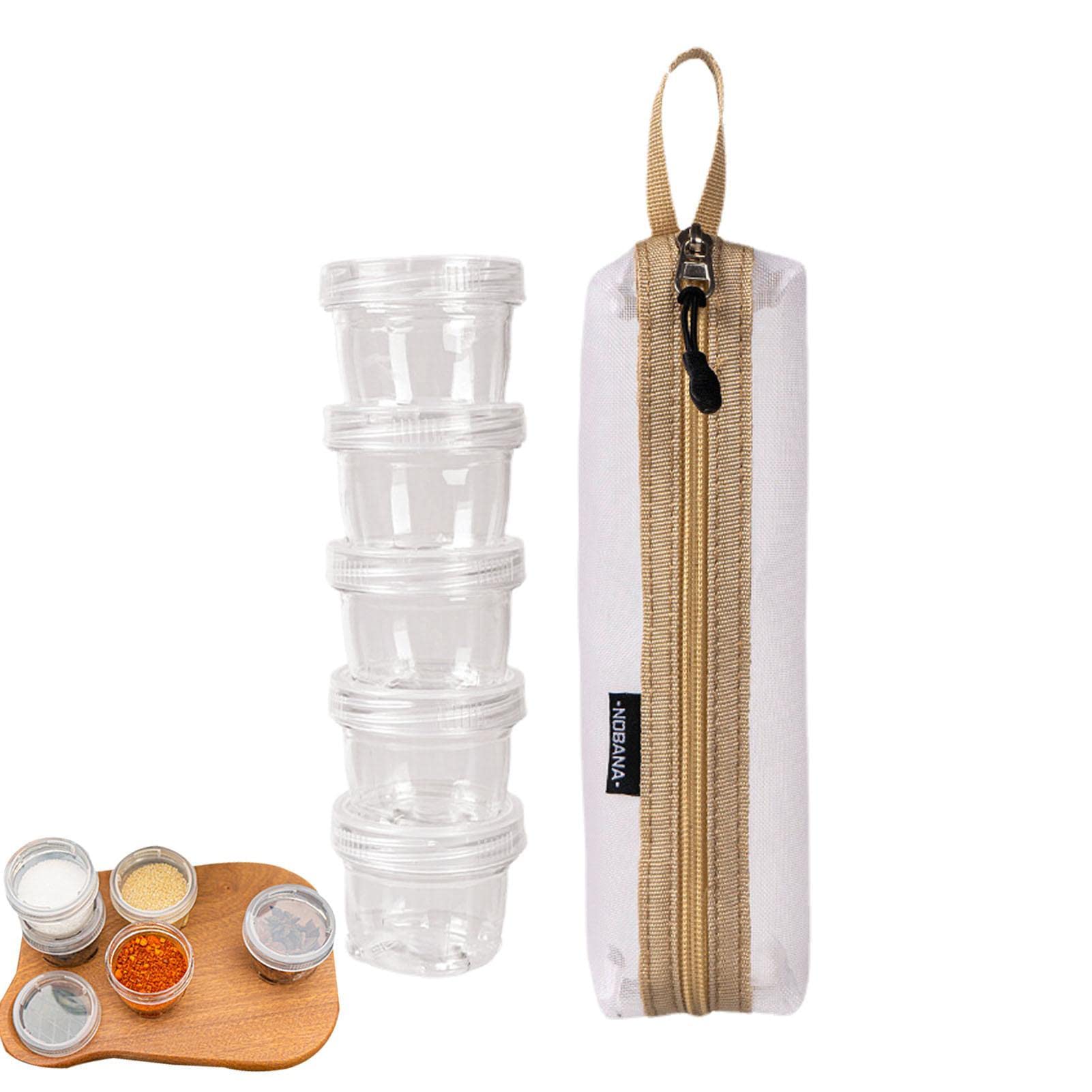 Camping Kit - Portable Travel Container Bag with 5 Clear Seasoning Bottles - Outdoor Jar Kit, Lightweight Condiment Dispenser for Backpacking Hiking