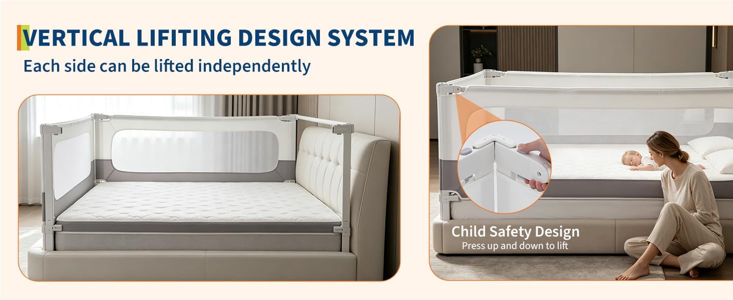 3 Piece Bed Rails for Toddlers, King Size Bed Rails for Babies, No-Drill Needed with Height Adjustable, Thickened Child Safety Side Railing Guards/Bedrail for Kids, White/Grey, 74.8x78.7x78.7in