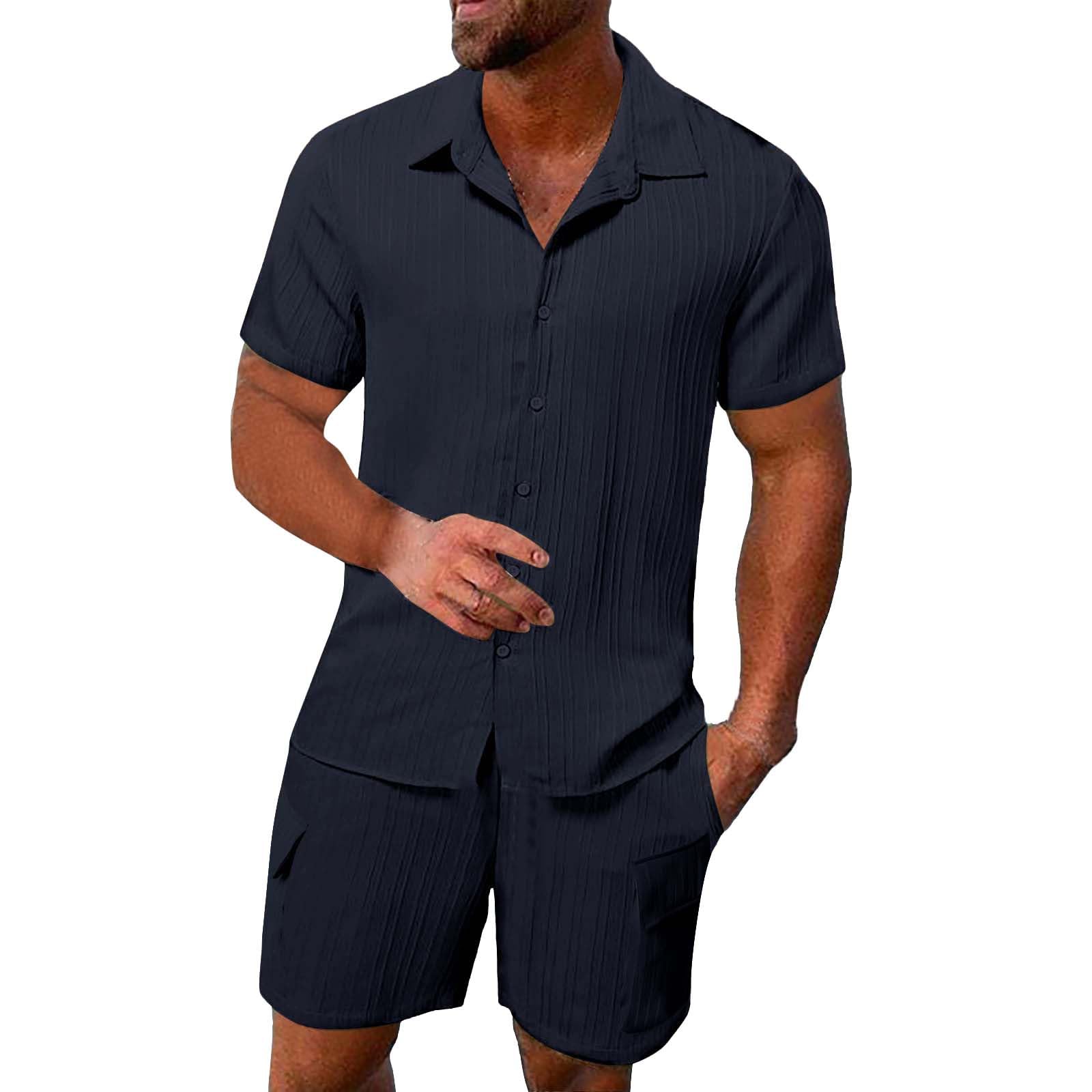 Tuta in lino da uomo, estiva, 2 pezzi, casual, a maniche corte, tinta unita, con bottoni, camicia in lino e pantaloni corti, per spiaggia, vacanze, tempo libero, leggero, da uomo, per tutti i giorni