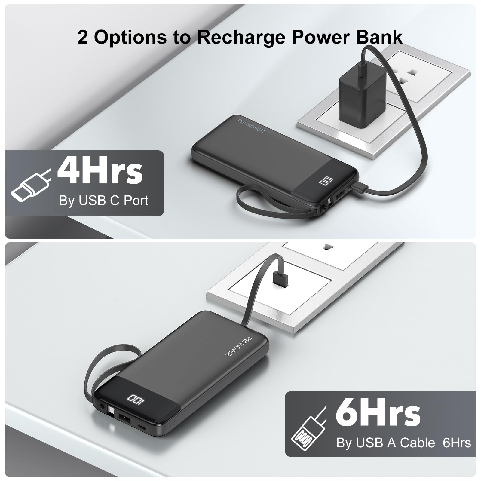 penaover Caricabatterie portatile 10000 mAh Power Bank con cavo integrato, 5 uscite, 2 ingressi, batteria esterna essenziale da viaggio con display a LED, compatibile con iPhone 16/15 Samsung S22