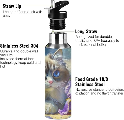 Miniatura 3 de Stainless Steel Vacuum Insulated Water Bottle 32 Oz, Leakproof Water Bottles for Gym Outdoor Travel School, Cute Cat Purple Flowers