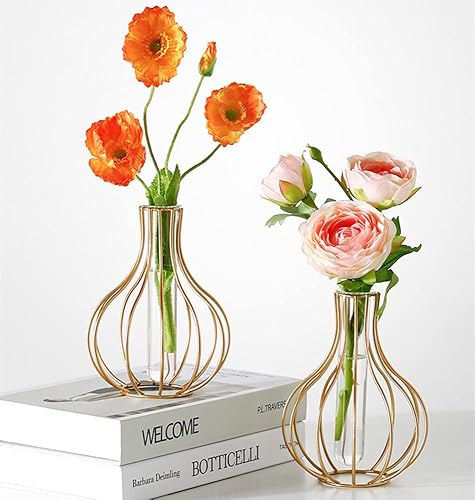 Miniatura 8 de Jarrones de escritorio para plantas con tubo de ensayo, florero de cristal con soporte de metal dorado, estación de propagación, soporte para