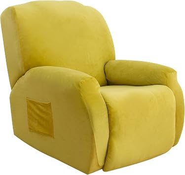 LiveGo Recliner Sofa Cover, Velvet Stretch Reversible Couch Cover for Recliner, Plush Soft Cover for Recliner Chair Non Slip Form Fitted Thick for Recliner with Side PocketArmchair,Yellow Green