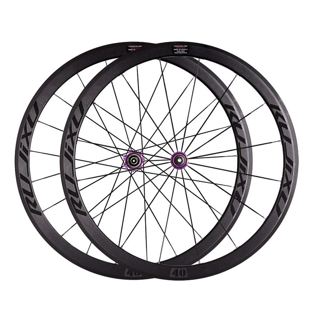 700c Wheelset Rim Brake Road Bike Front Rear Bike Wheel Set 40mm Aluminum Alloy Rim Carbon Quick Release Hub for 8/9/10/11speed Cassette(Purple hub)