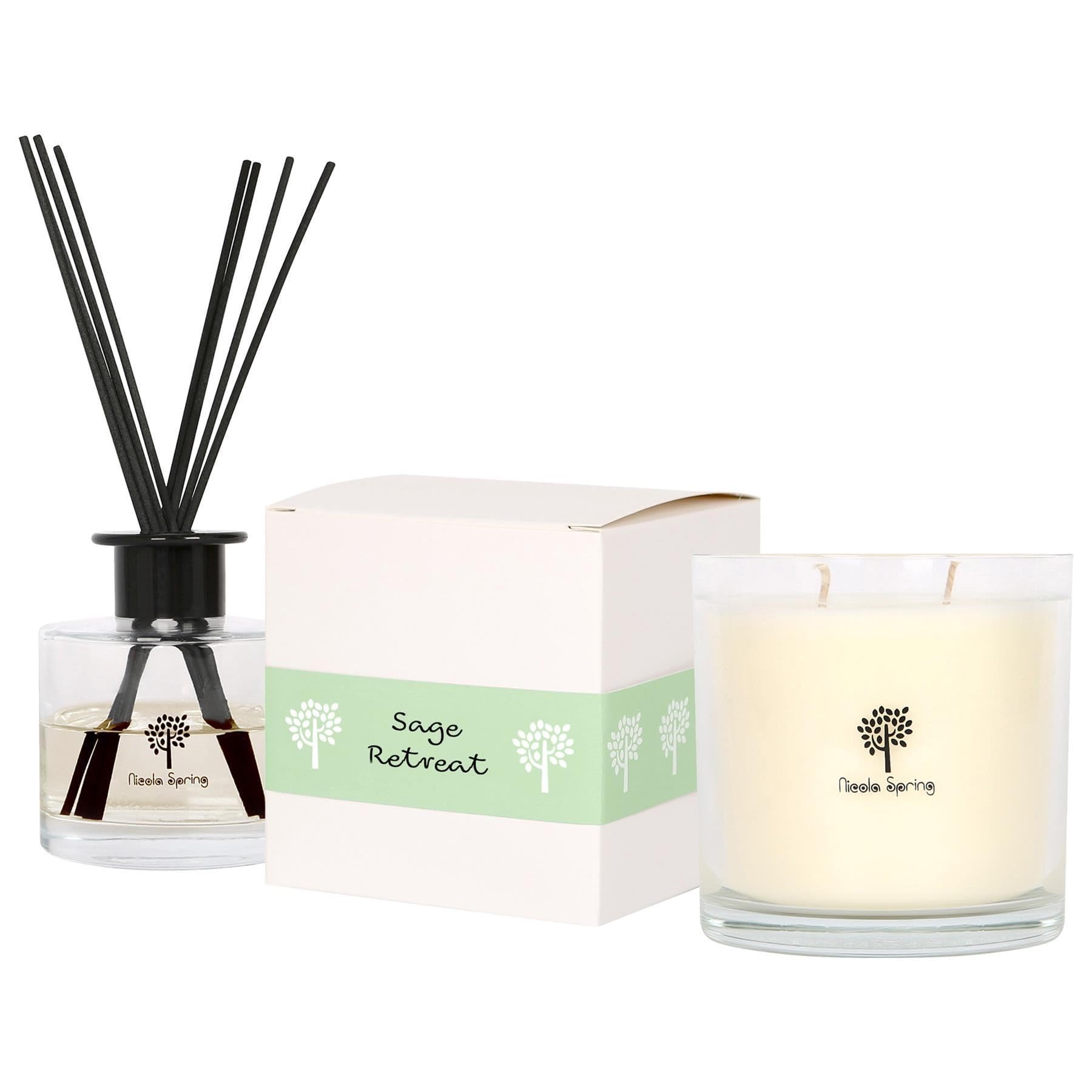 Nicola Spring Soy Wax Scented Candle & Reed Diffuser Set – Sage Retreat Fragrance – 400g Candle 45 Hour Burn & 200ml Diffuser 60 Day Scent – Luxury Eco-Friendly Home Fragrance Gift Set