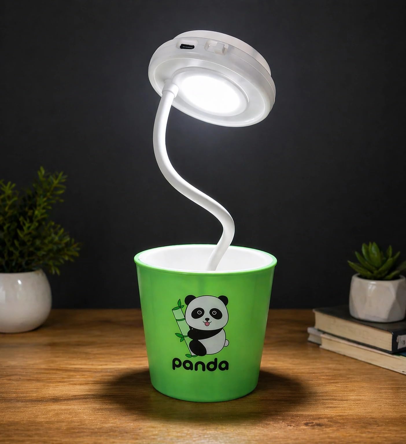 Cute Panda LED Table Lamp with USB Charging Cable – Green | Flexible Gooseneck, USB Rechargeable, Kids Study Lamp, Adjustable Brightness, Plastic Body-image-1