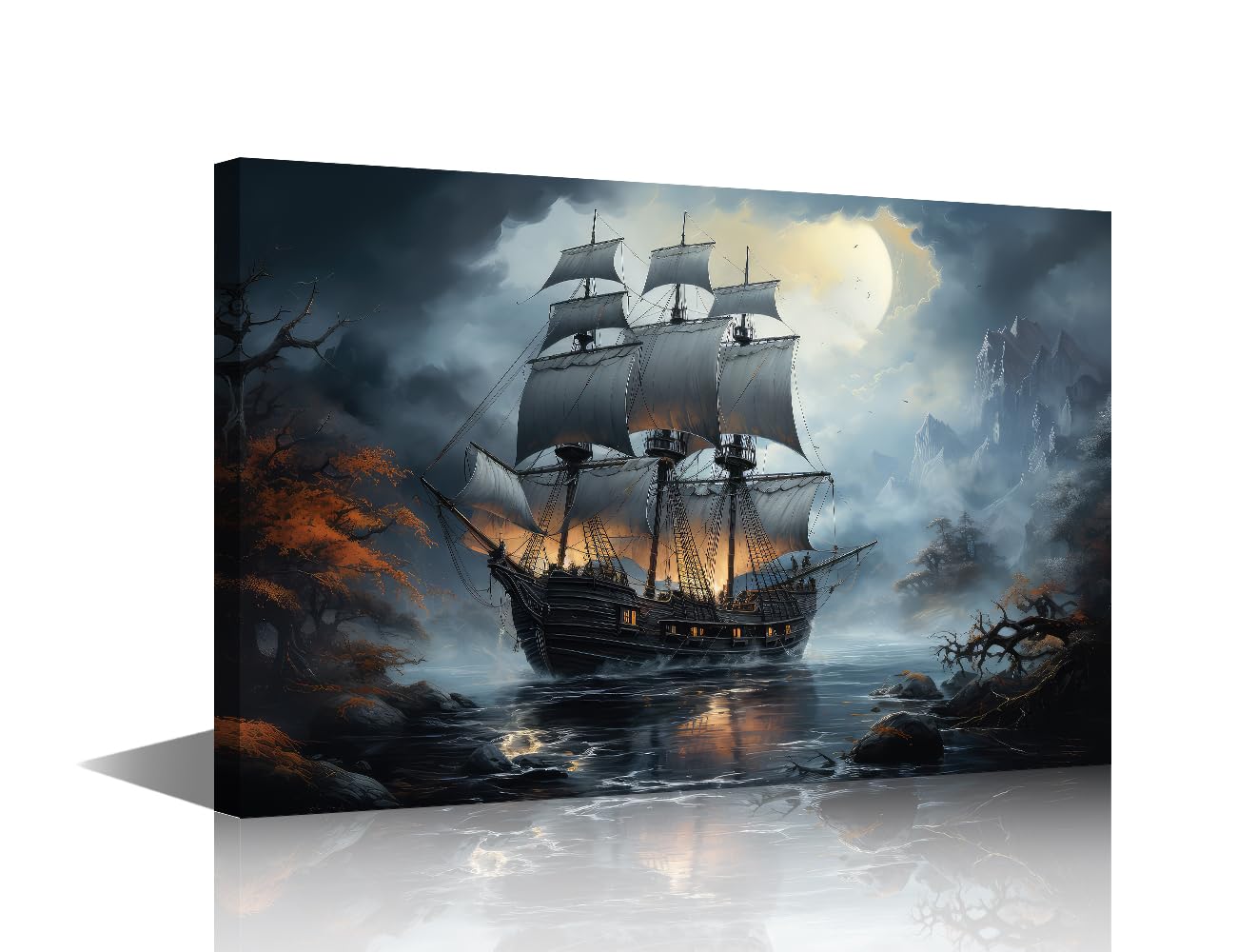 Canvas Prints Vintage Pirate Ship in the Sea Wall Art Modern Home Decor Fantasy Boat Poster Canvas Wall Art for Living Room Bedroom Decoration Seascape Artwork Painting Framed Ready to Hang 18x12 in