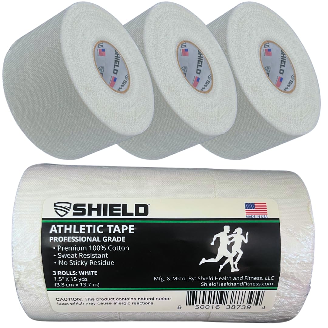 SHIELD3-Pack Athletic Tape – 1.5 Inches x 15 Yards - Made in USA, Easy Tear, Rigid, Very Strong. First aid, Injury- Athletic, Medical,Therapy Trainers (White)