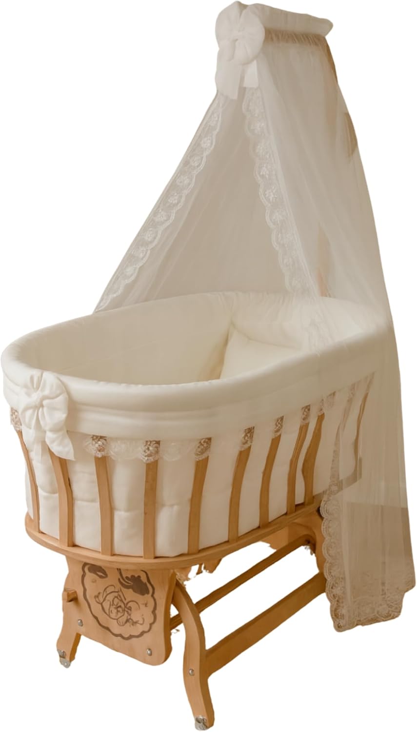 Natural Beech Wood Canopy Cradle with Cream French Lace Textile Set, Rocking & Locking Design, Complete Set with Mattress, Bedding, Pillow and Mosquito Net-37.8"×27.5"×59"