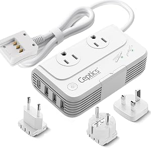 European Travel Voltage Converter by Ceptics, 230W Adapter for Curling Iron, Straightener, Chargers, Step Down World Power Plug - 4 USB Charging QC 3.0 - SWadApt Compatible - Type C, E/F, G Included