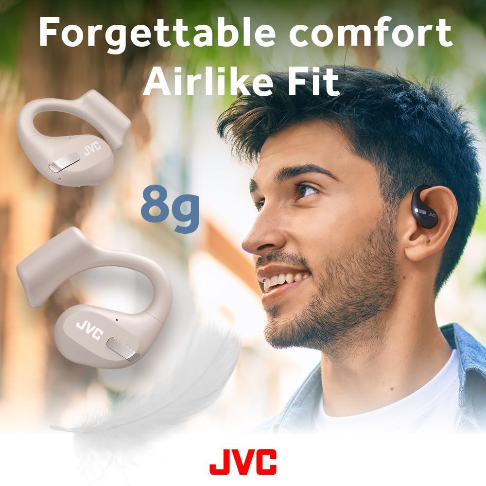 JVC NEarphones HA-NP50T-C, auricolari True Wireless, design a orecchio aperto, riduzione attiva del rumore, multi-punto, IPX4, muting microfono, 38 ore di autonomia, BT 5.3, beige sabbia