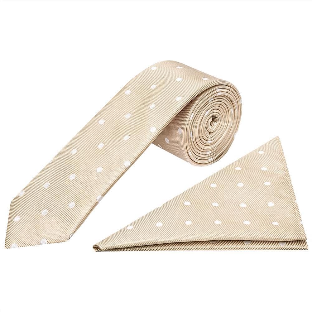 Ties R Us Men's Champagne Large White Spot Skinny Tie And Pocket Square Set