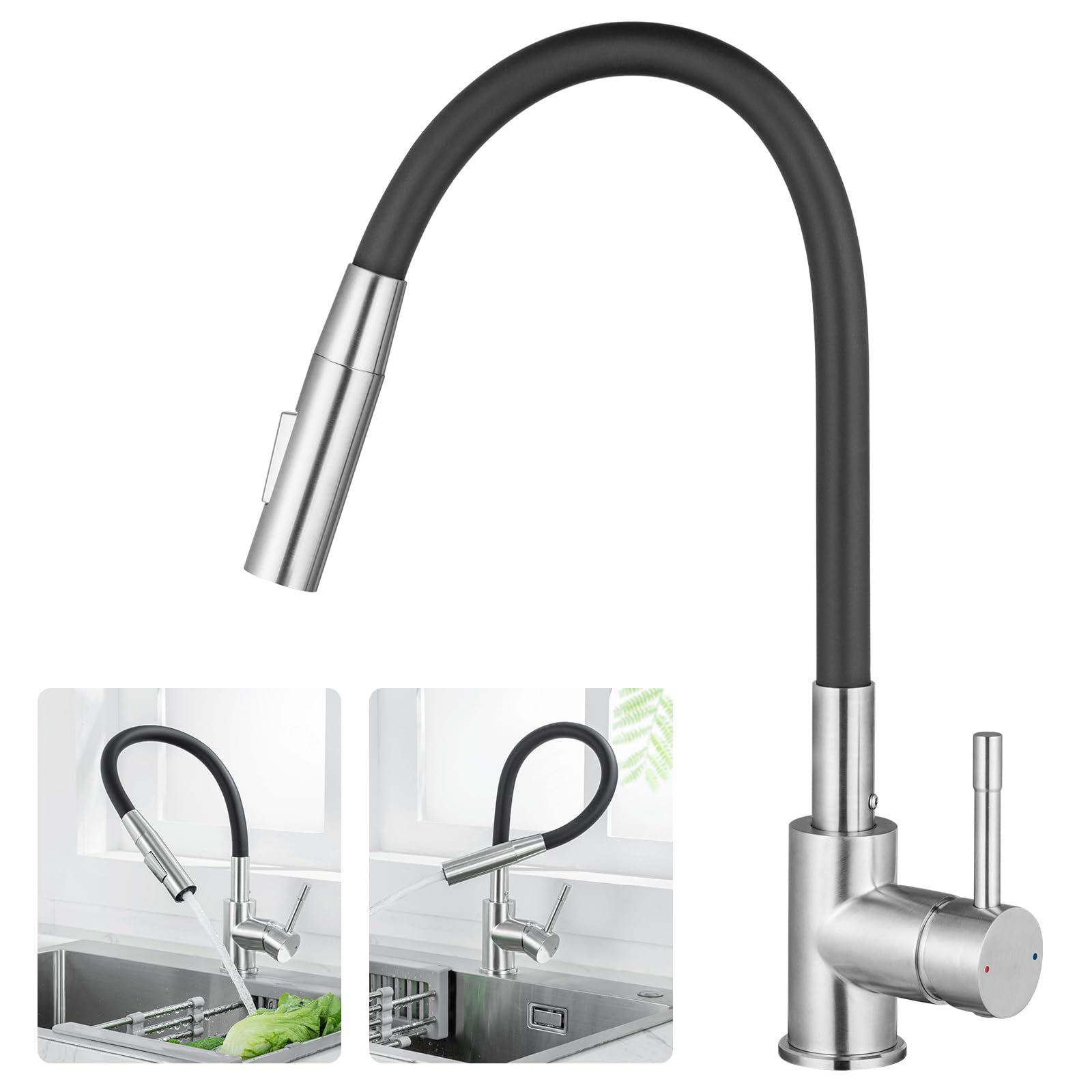 CECIPA Flexibler Küchenarmatur Schwarz, Wasserhahn Küch mit 2 Strahlarten | Mischbatterie Küche Schwarz, Spültischarmatur 360° Schwenkbar, Armatur küche Hochdruck, Spülarmatur Edelstahl