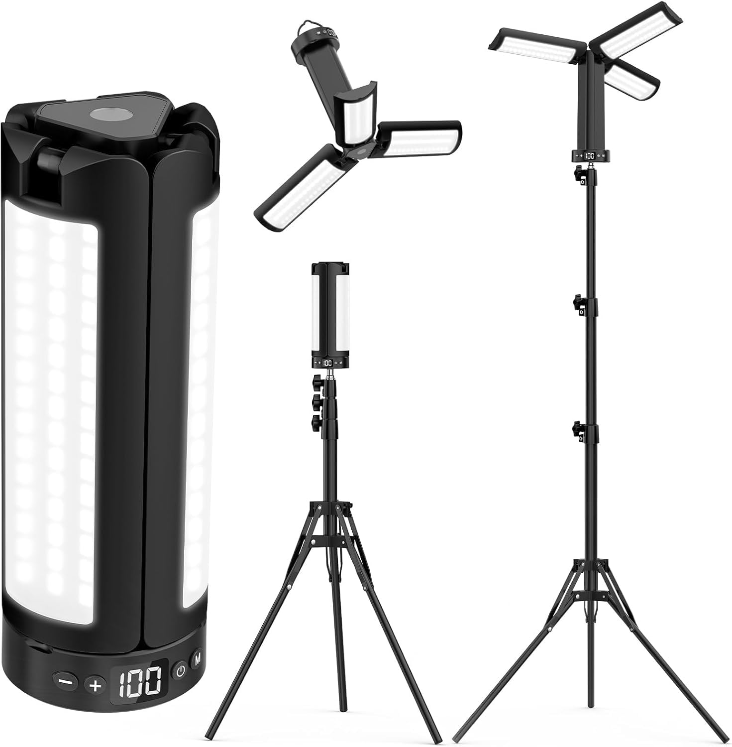 Lampada da campeggio ricaricabile con treppiede, 12000 mAh, 3 colori di luce, 6000 lm, lampada da lavoro a LED dimmerabile, con gancio magnetico e funzione SOS, IP65, officina, campeggio, garage