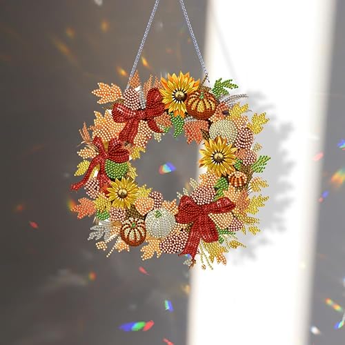 Miniatura 4 de AZURAOKEY Corona colgante de calabaza de otoño con pintura de diamante de Navidad corona de girasol con forma especial de corona de otoño pintura de