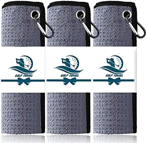 FINGER TEN 3 Pack Golf Towels Microfiber Waffle Pattern Tri-Fold 16x16with Heavy Duty Carabiner Clip, Golf Cleaning Towel Superior Water Absorption and Quick Dry (Multicolor)