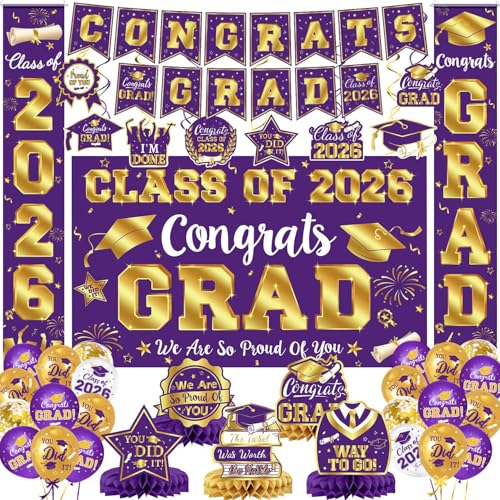 Graduation Decorations Class of 2026 - Purple and Gold Graduation Decorations Set with Congrats Grad Banner & Backdrop Porch Sign Hanging Swirls Balloons Honeycomb Centerpieces for Congrats Grad Party Decorations