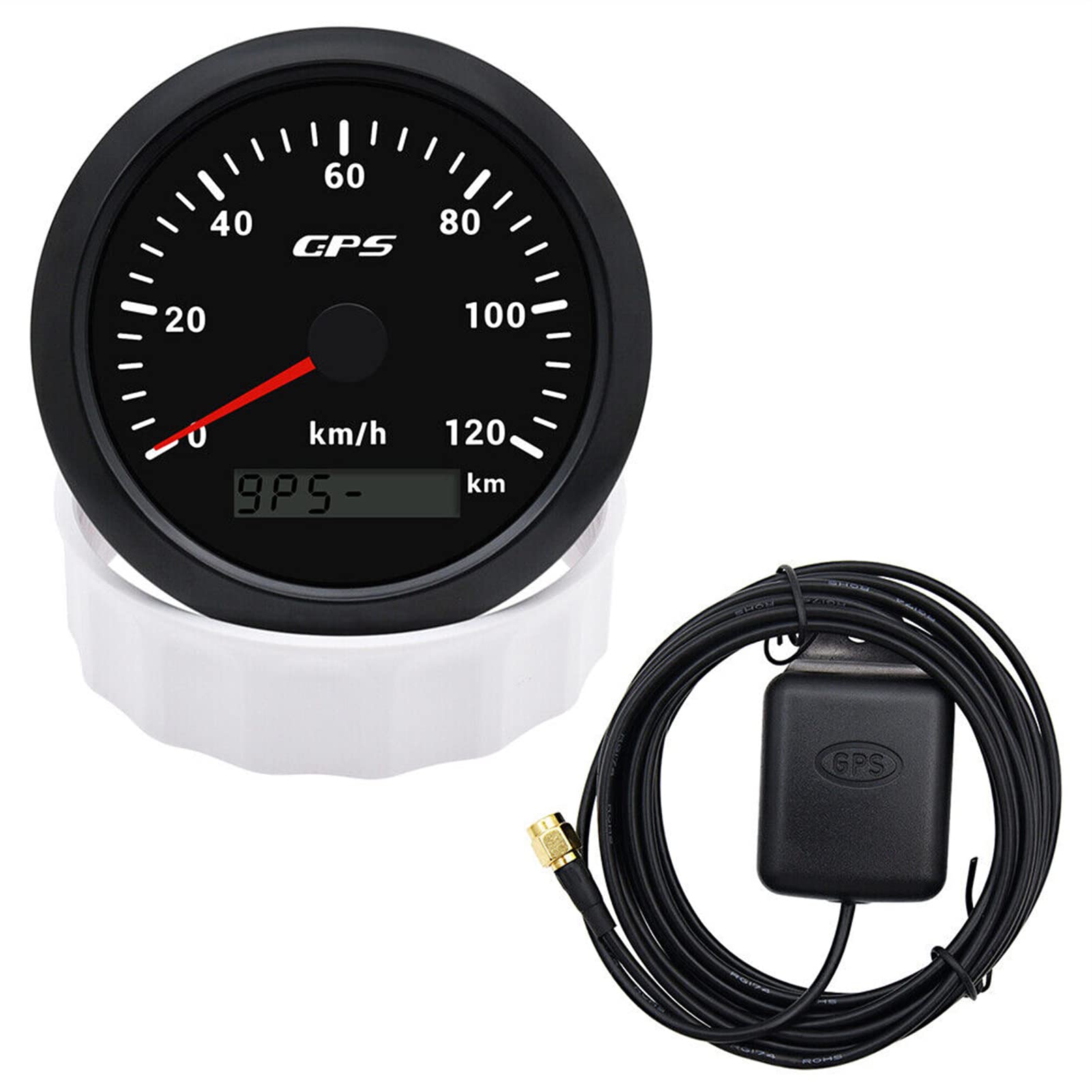 Geloo 85MM Compteur de Vitesse GPS, 7 Couleurs Rétroéclairage 0-120km/h Odomètre Compteur de Vitesse pour Moto, Bateau, Voiture, Camion, Avec Antenne GPS
