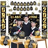 Graduation Decorations 2026 Set Black Gold, Congrats Grad Decor Set with Banner Backdrop Porch Sign,Hanging Swirls Honeycomb Centerpieces Balloons for Grad Party Decorations(Gold)