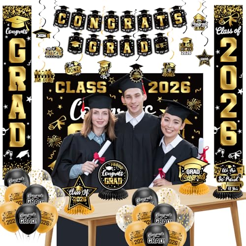 Graduation Decorations 2026 Set Black Gold, Congrats Grad Decor Set with Banner Backdrop Porch Sign,Hanging Swirls Honeycomb Centerpieces Balloons for Grad Party Decorations(Gold)