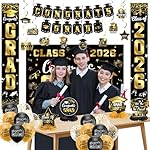 Graduation Decorations 2026 Set Black Gold, Congrats Grad Decor Set with Banner Backdrop Porch Sign,Hanging Swirls Honeycomb Centerpieces Balloons for Grad Party Decorations(Gold) - Image 2