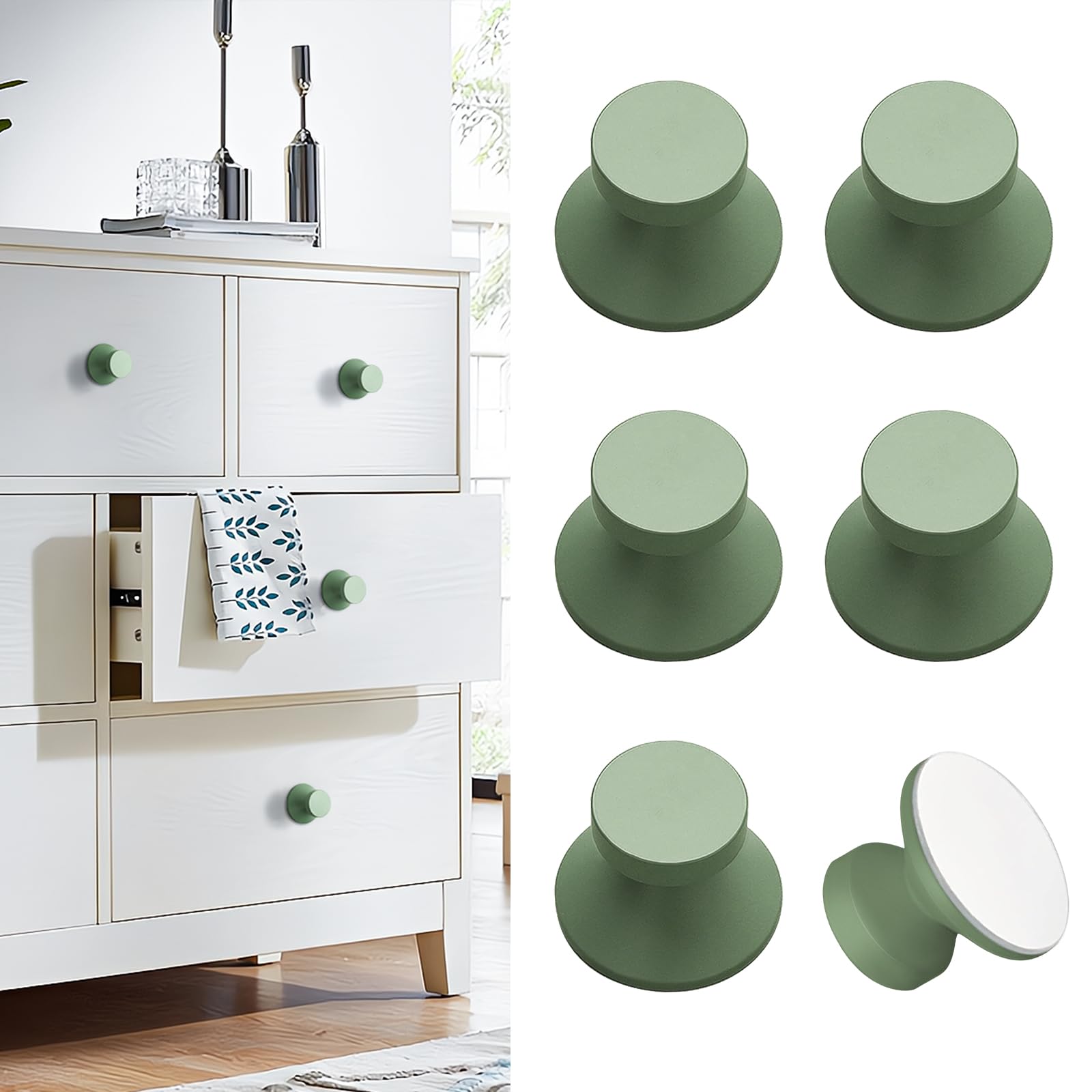 Elistonie 6 Pack Morandi Color Aluminum Self-Stick Knobs Grayish Green Self-Adhesive Drawer Knobs No Drilling Cabinet Handle for Cupboard Mirror Cabinet Dresser Window