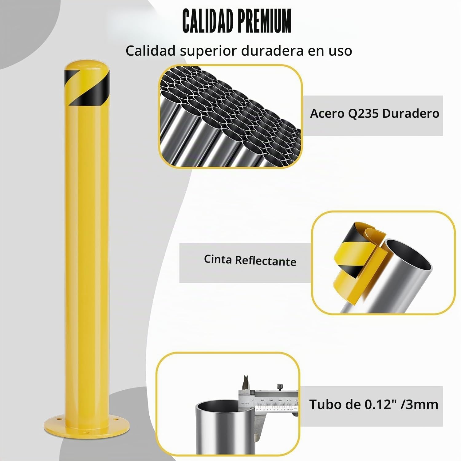 Bolardo de Seguridad 107cm, Poste de Bolardo Tubo de Acero Recubrimiento de Polvo Amarillo, Barrera de Seguridad con Pernos de Anclaje para Aparcamiento (4 piezas - Altura 107cm)