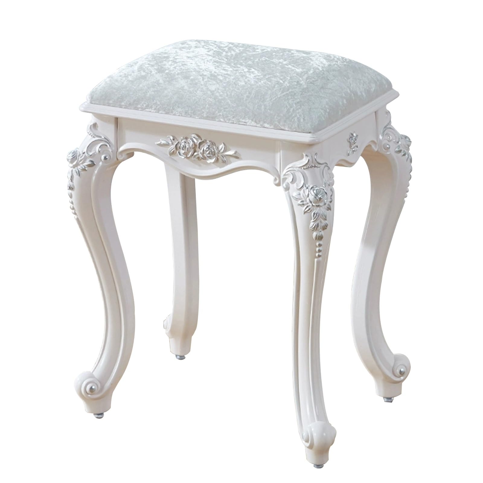 Tabouret en velours argenté 45cm | Pouf vintage chic pieds blancs