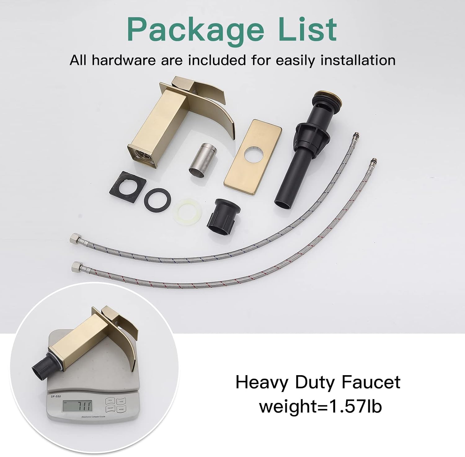 Homevacious Brushed Gold Deck Mount Waterfall Single Hole Faucet for Bathroom Sink Vanity with Pop Up Drain and Supply Hose RV Lavatory Stainless Steel Faucet