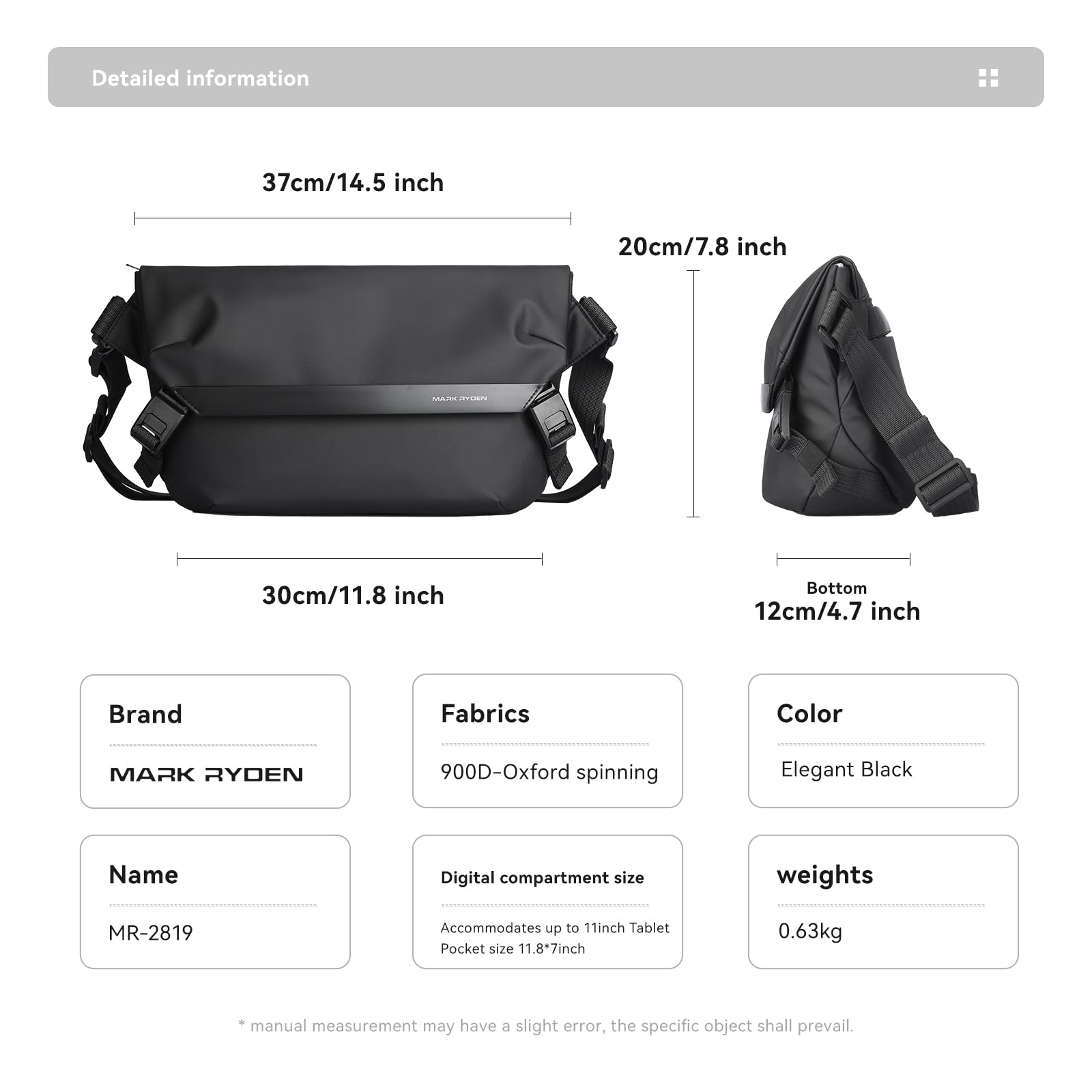 MARK RYDEN messenger borsa a tracolla in tela borsa studente borsa laptop borsa 11" pad messenger borsa uomo borsa università studenti nero