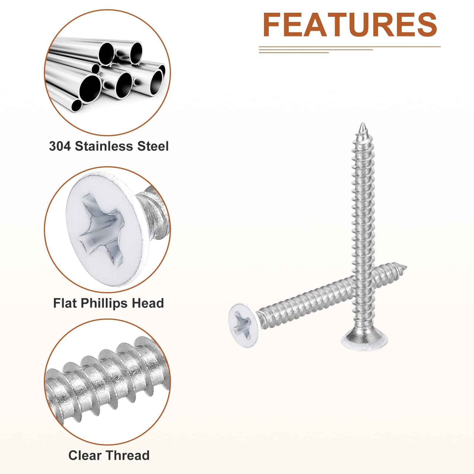 DTGN 100Pcs #6x1-1/2" Flat Head Wood Screws, 304 Stainless Steel White Phillips Self Tapping Screws - Image 4