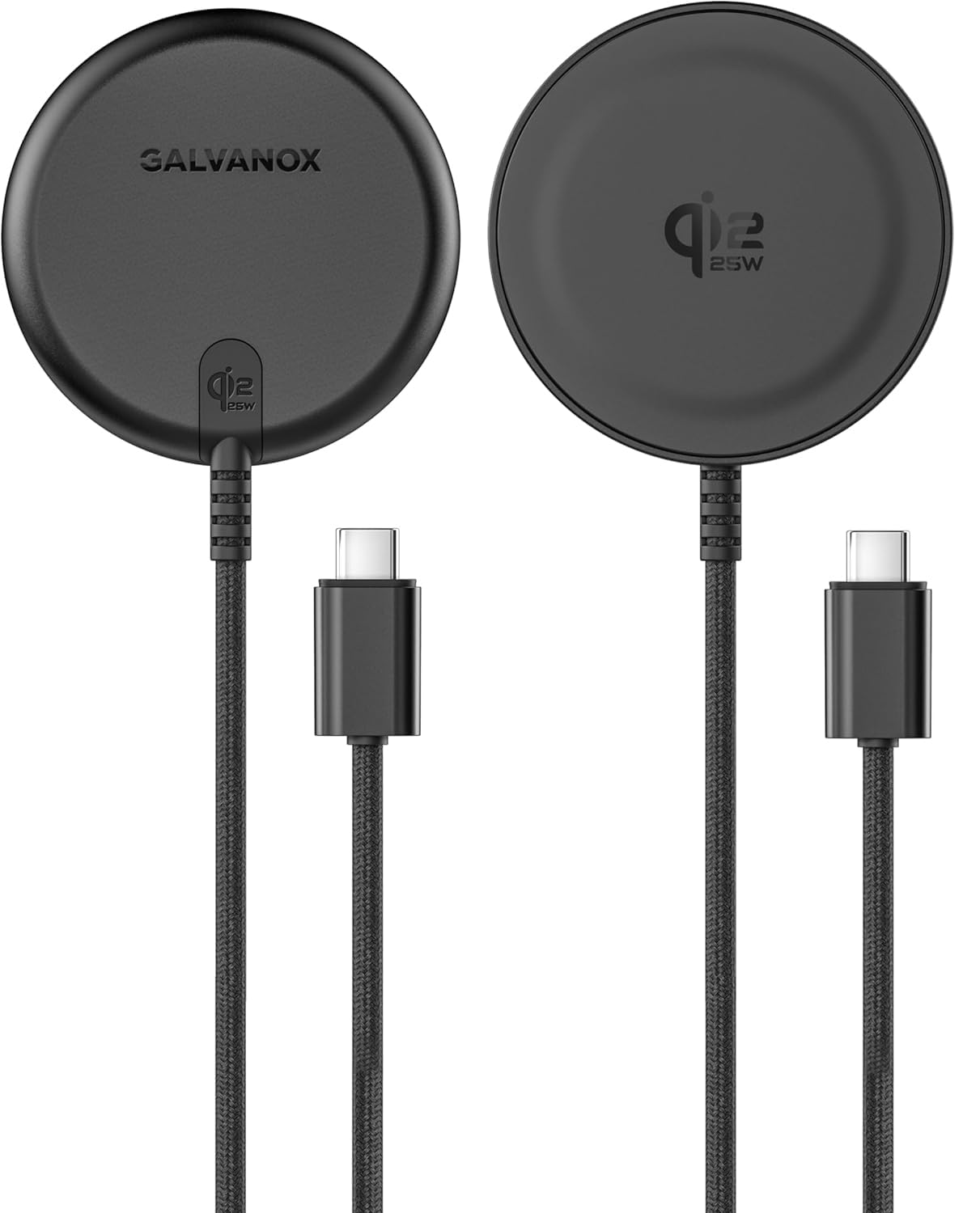 Galvanox Chargeur sans fil magnétique certifié Qi2.2 25W pour Samsung [Charge rapide] [Corps en aluminium] pour Galaxy S25, Ultra, modèles Android et iPhone, compatible avec MagSafe - Noir 1,8 m (Pack