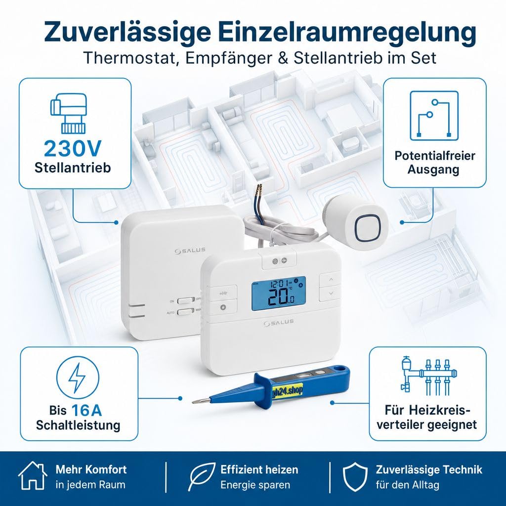 SALUS Controls SmartHome Heizung Einzelraumregelung Digitaler Funk Raumthermostat mit Empfänger, 3X Stellantrieb und 1x gh24 Phasenprüfer