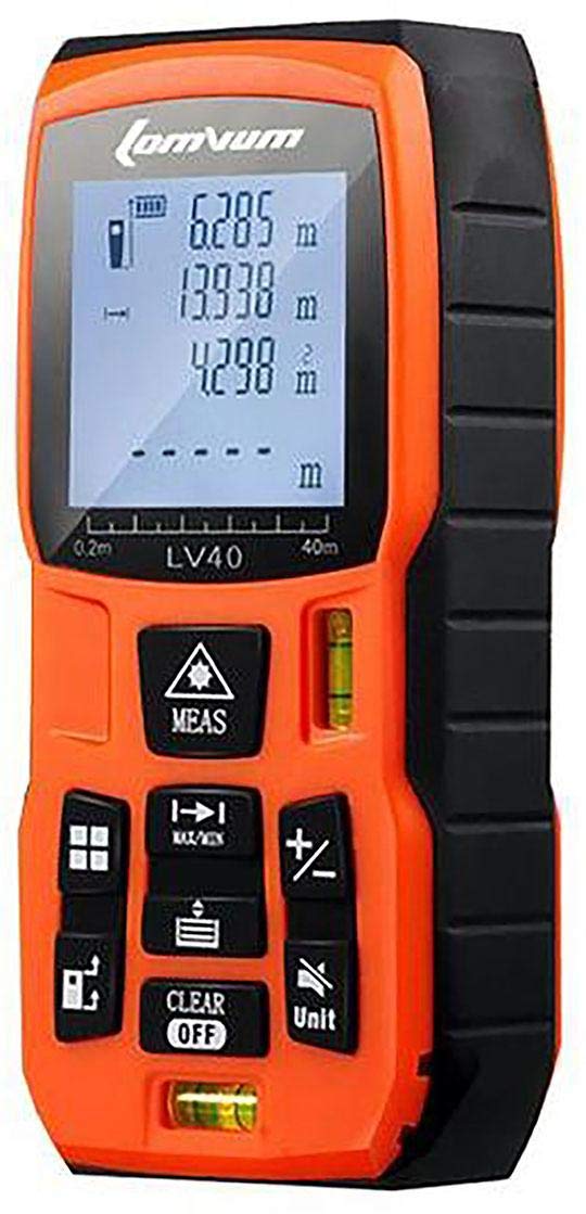 Front and side view of the LOMVUM LV40 Laser Distance Meter, showing its orange and black casing, display, and control buttons.