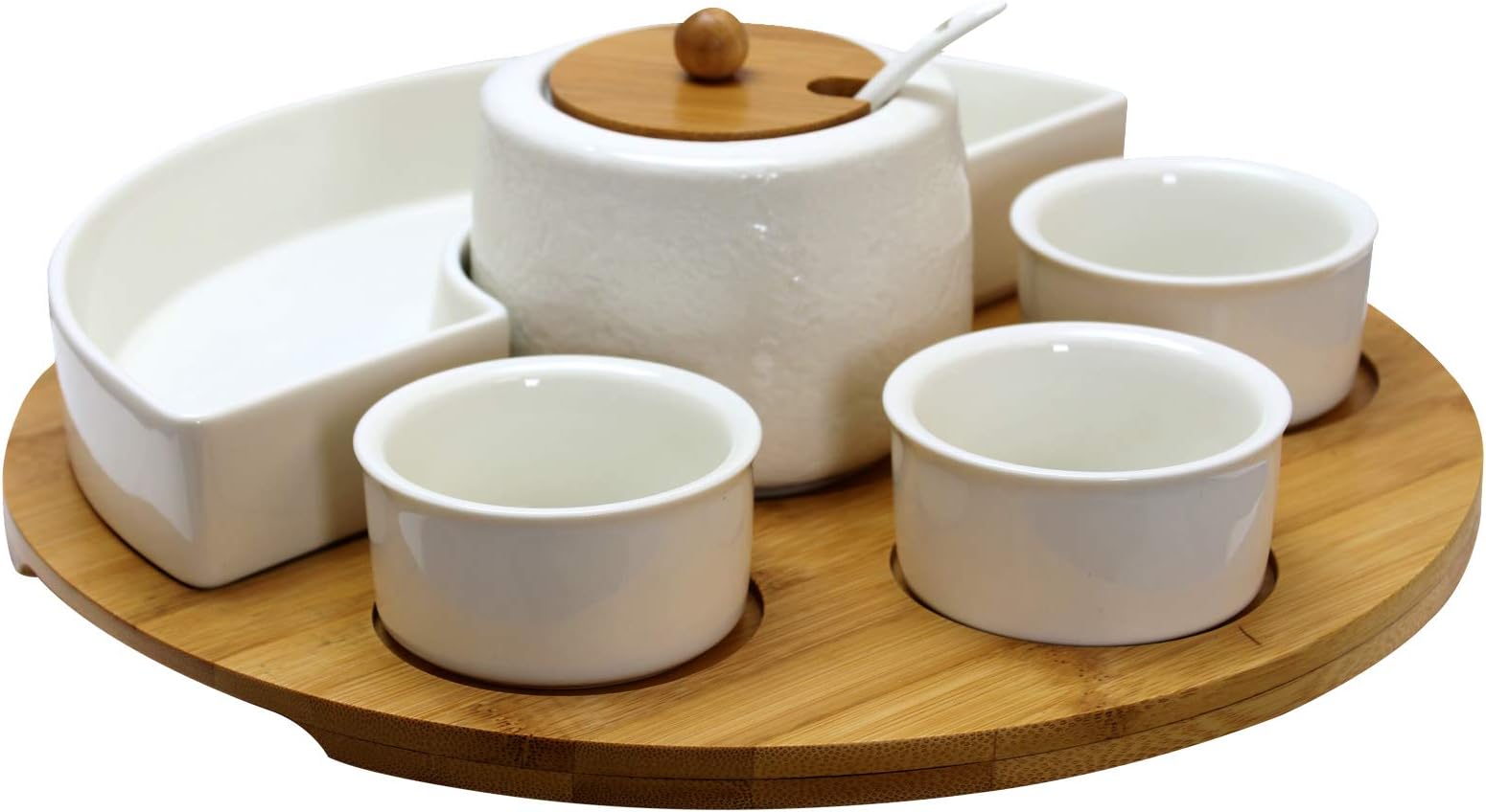 Elama Ceramic Stoneware Condiment Appetizer Set, 8 Piece, Assorted Round in White and Natural Bamboo