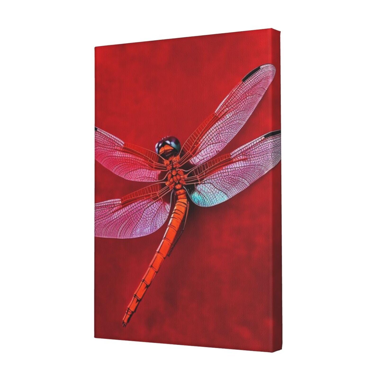 Dragonfly on Red Background Canvas Wall Art for Living Room Wall Decor 12"x18" Modern Artwork Painting Pictures Hanging Canvas Prints Aesthetic Wall Art for Bedroom Bathroom Office Wallart Decor