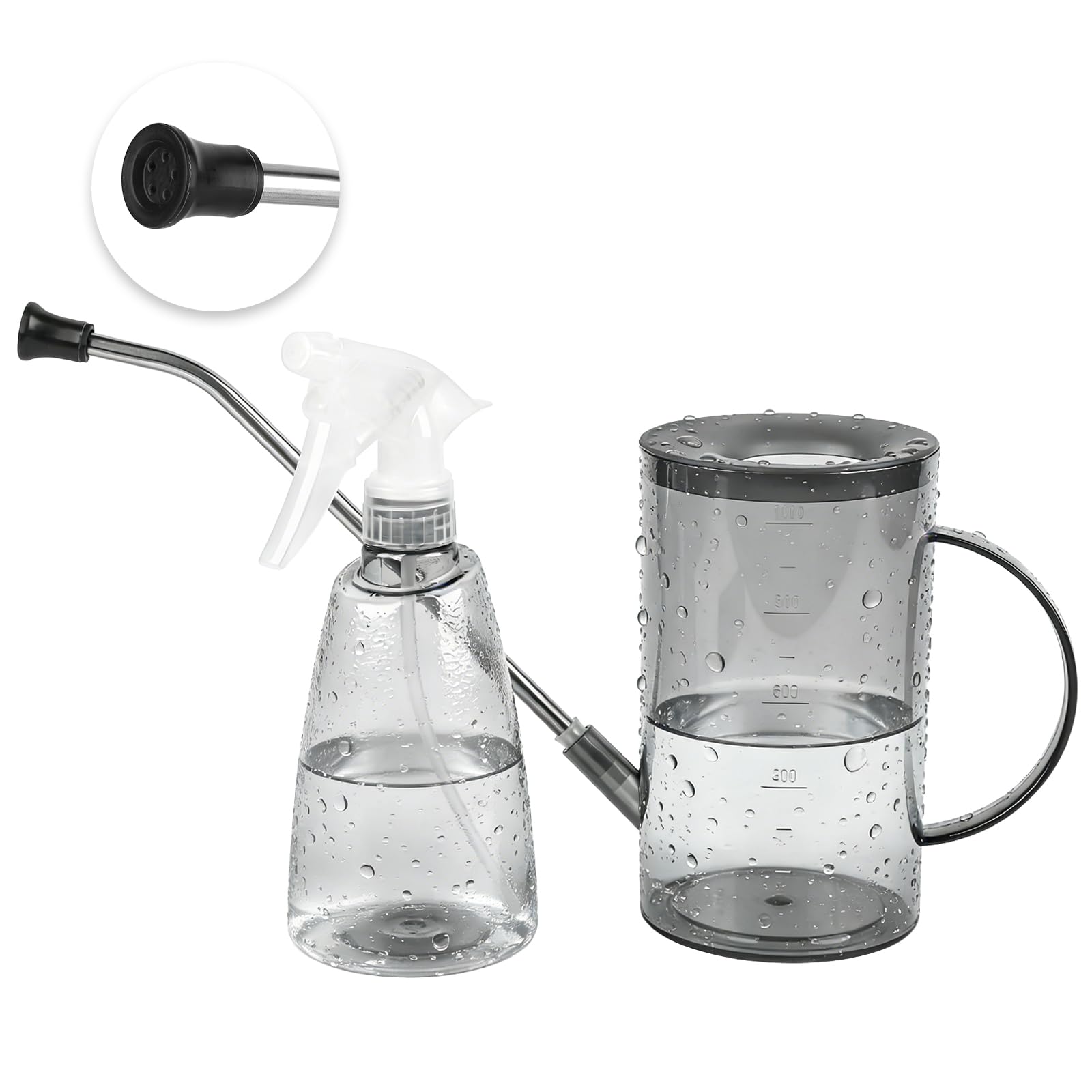 1L Watering Can Indoor Plants, Long Spout Plant Watering Can with 500ML Spray Bottle for Watering Indoor Outdoor Plants Flowers (Grey)