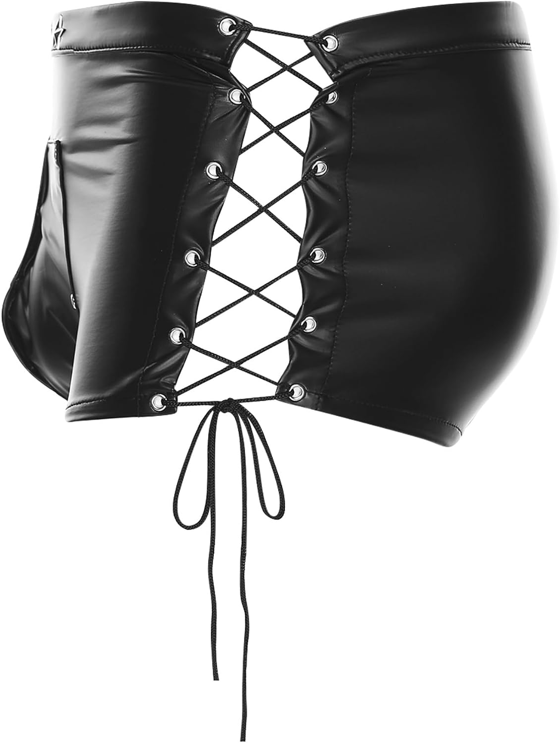 TiaoBug Mens PU Shorts Lace-up Disco Dance Shorts with Rivets Moto Biker Buttons Hot Pants for Clubwear
