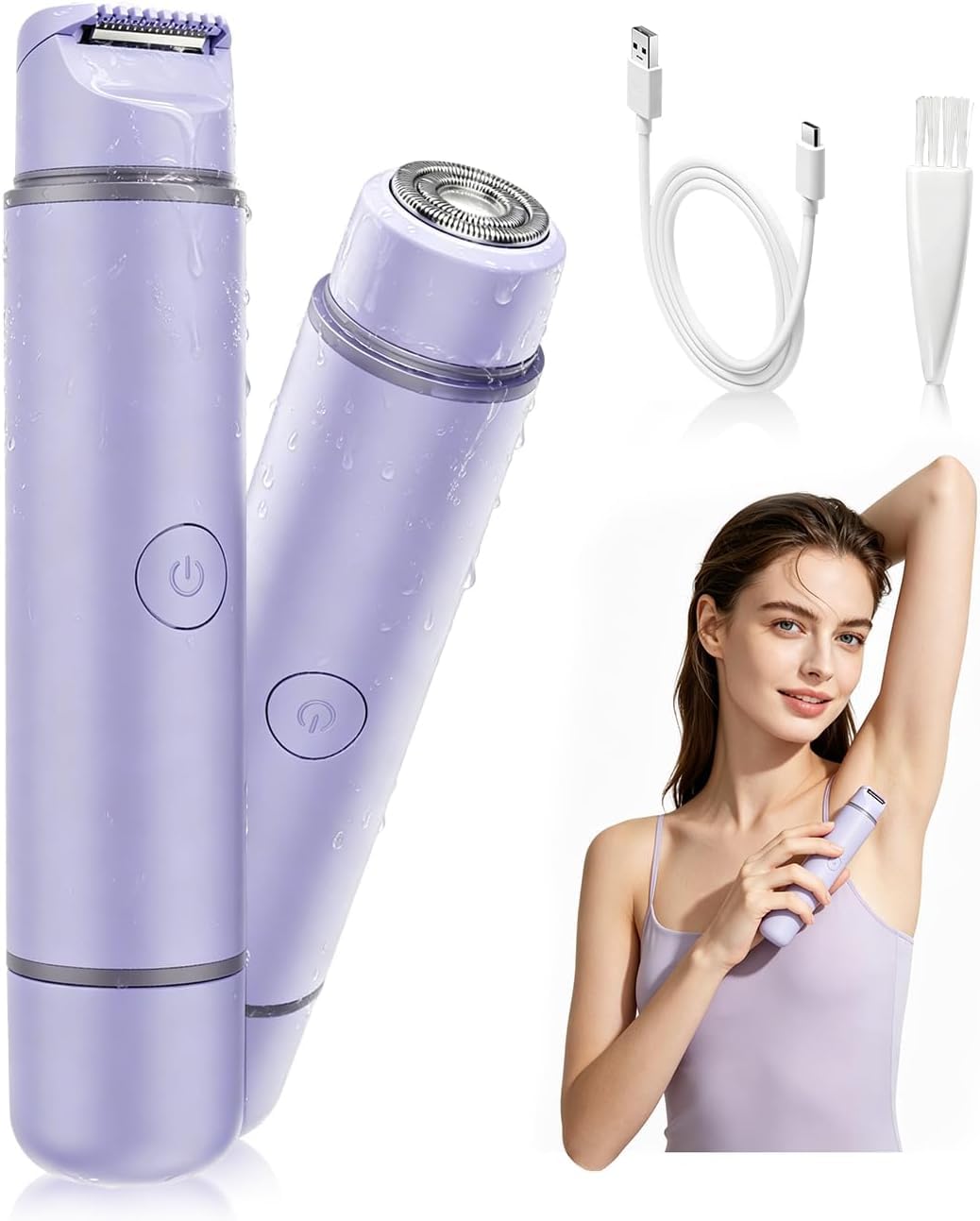 2-in-1 Bikini Trimmer for Women – Electric Shaver for Women, Womens Electric Razor &amp; Trimmer for Sensitive Skin, Adjustable Comb, 100% Waterproof, Portable, USB Charge, Painless (Purple)