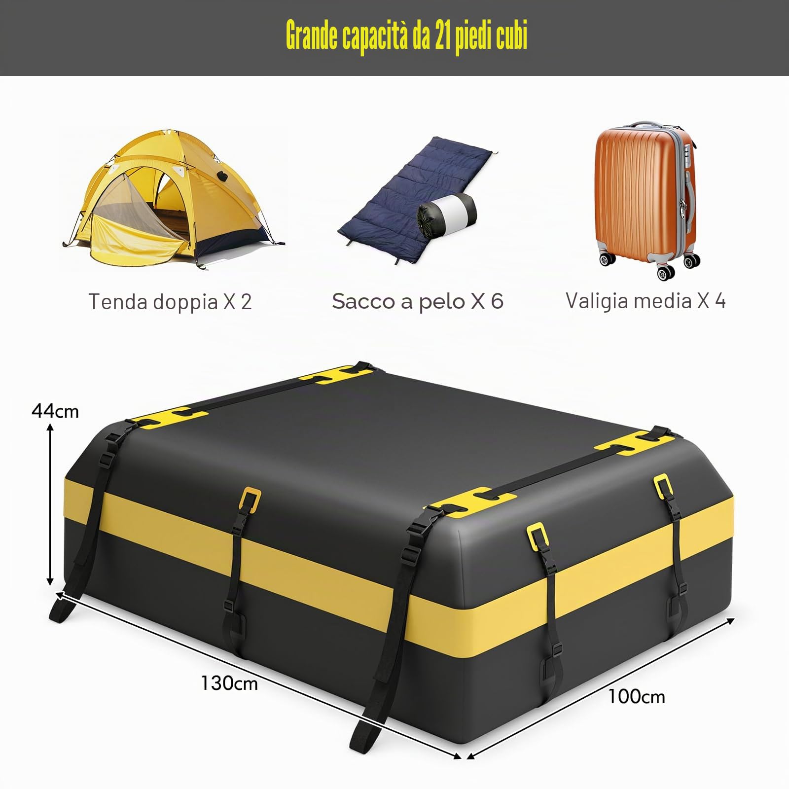 SOARS Box Tetto Auto 600 Litri, Portapacchi Auto Tetto 100 X 130 X 44 CM, Impermeabile con Tappetino Antiscivolo e Borsa per il Trasporto, Porta Bagagli Universale per Auto, SUV (Nero+Giallo-600L)