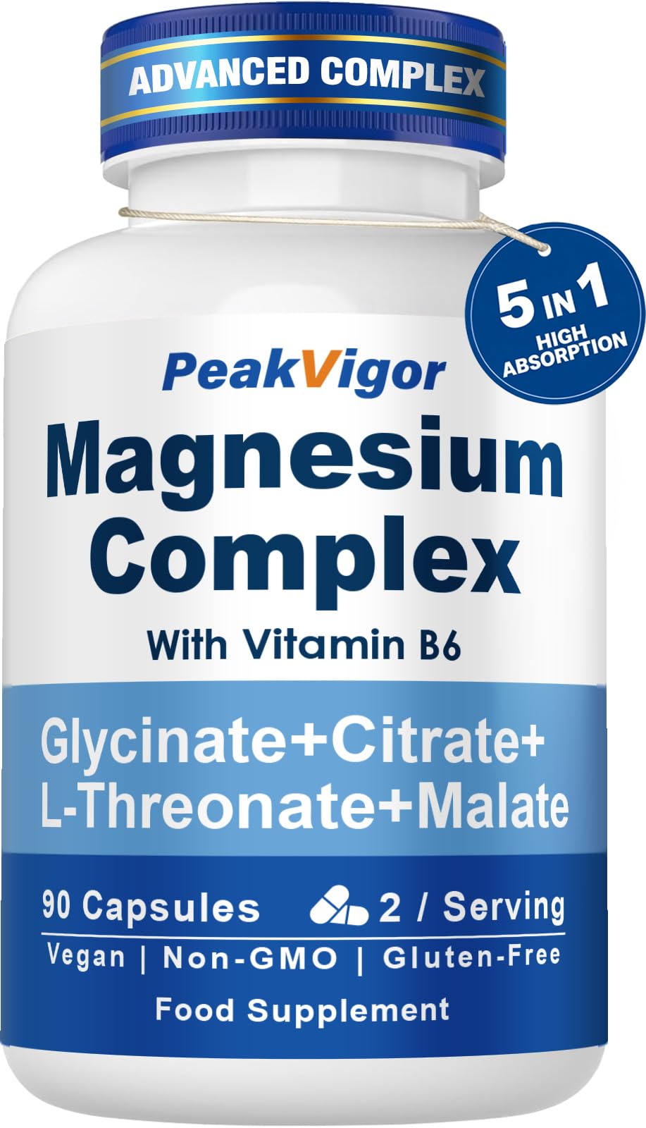 Magnesium Glycinate for Sleep, Extra Strength for Calm, 5-in-1 Complex Supplements as Bisglycinate, Citrate, Malate & L-Threonate with Vitamin B6, High Absorption, Ease of Swallow, 90 Vegan Capsules