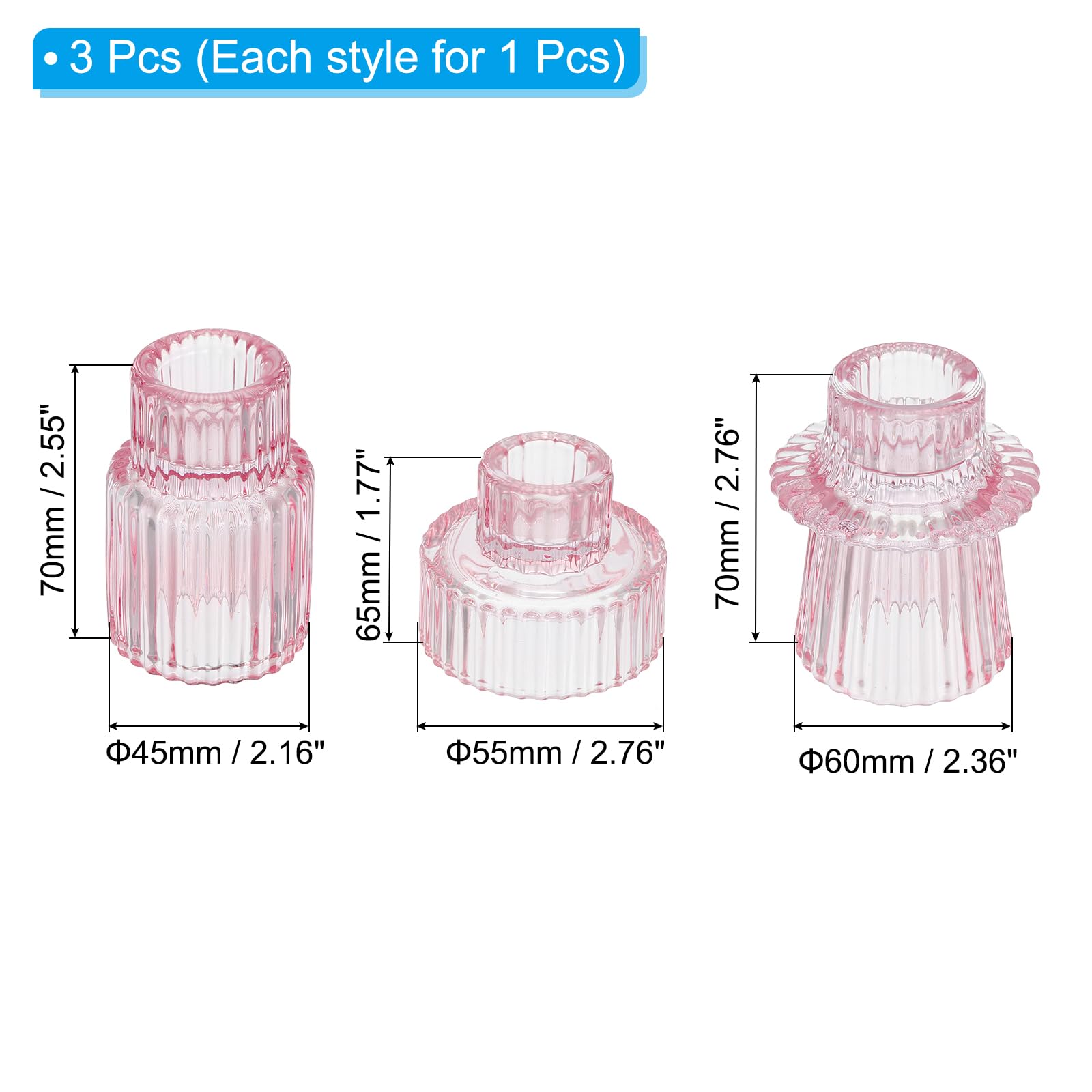 PATIKIL 3pcs Glass Candle Holder, Taper Candle Holder Stand Clear Glass for Table Centerpiece Decor Wedding Dinner Party, Pink - Image 2